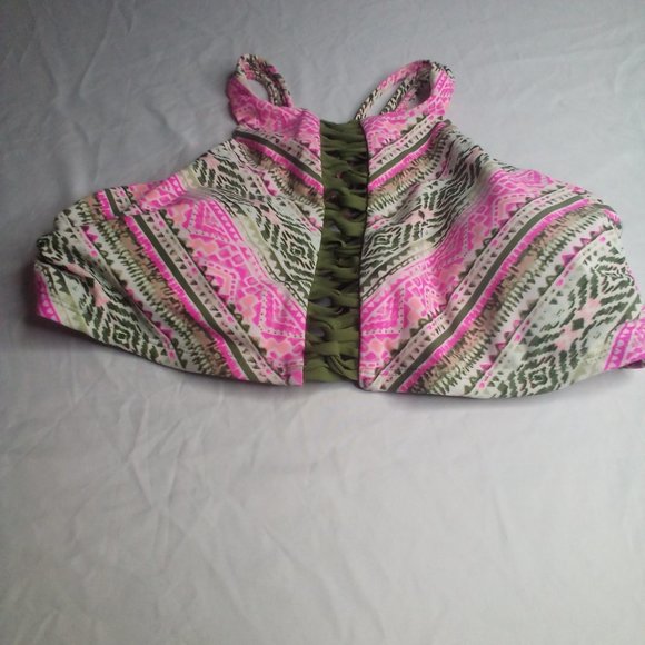 Time And Tru Swim Top M 8-10 Cut-Out Strappy Green Pink - Picture 13 of 14